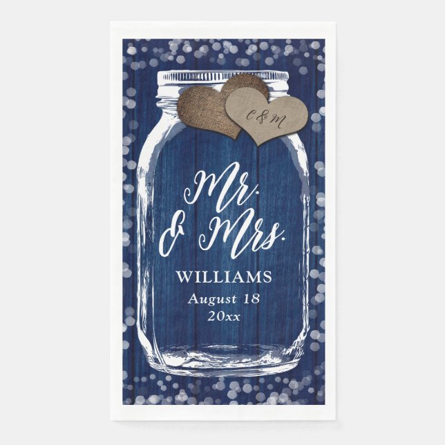 Rustic Navy Blue Mason Jar Wood Mr & Mrs Wedding Serviette (Vorderseite)
