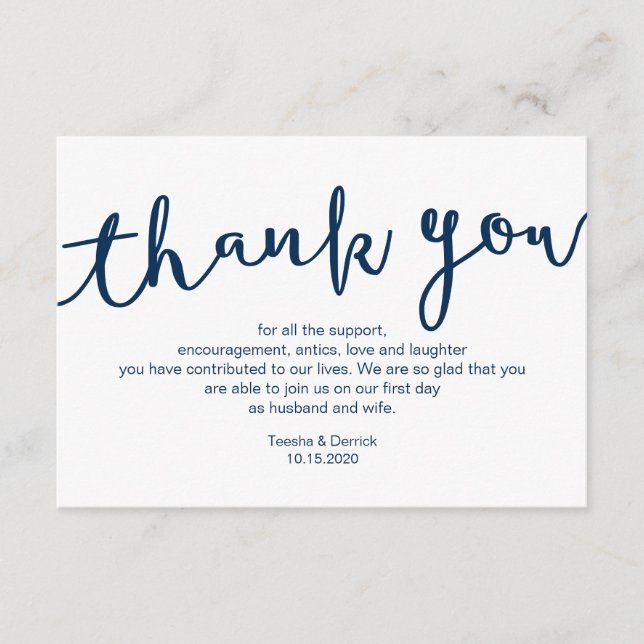 Rustic Navy Blue Script, Wedding Danke Begleitkarte (Vorderseite)