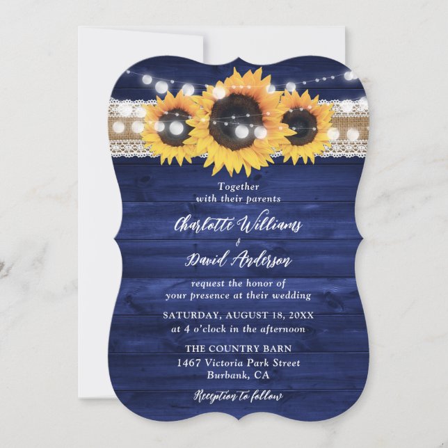 Rustic Navy Blue Sunflower Wood Wedding Einladung (Vorderseite)
