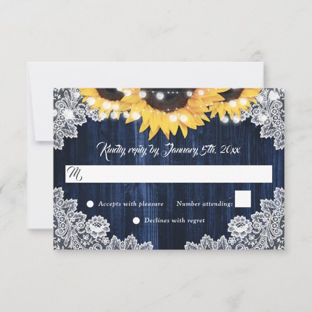 Rustic Navy Blue Wood Lace Sunflower Wedding RSVP Karte (Vorderseite)