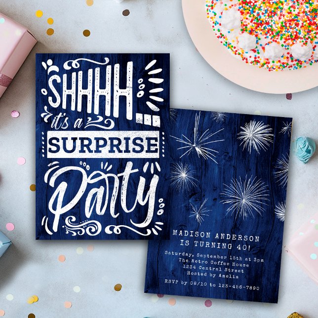 Rustic Navy Blue Wood Shh Surprise Birthday Party Einladung (Von Creator hochgeladen)