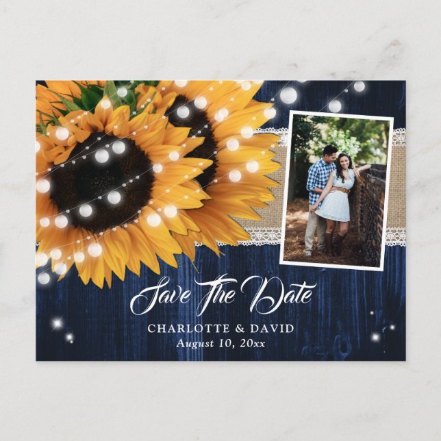 Rustic Navy Blue Wood Sunflower Wedding Photo Ankündigungspostkarte (Vorderseite)