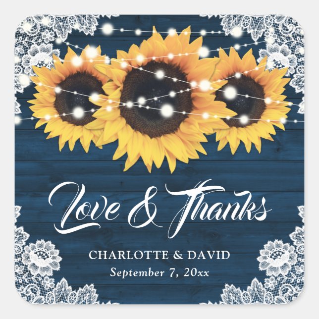 Rustic Navy Blue Wood Sunflower Wedding Vielen Dan Quadratischer Aufkleber (Vorderseite)