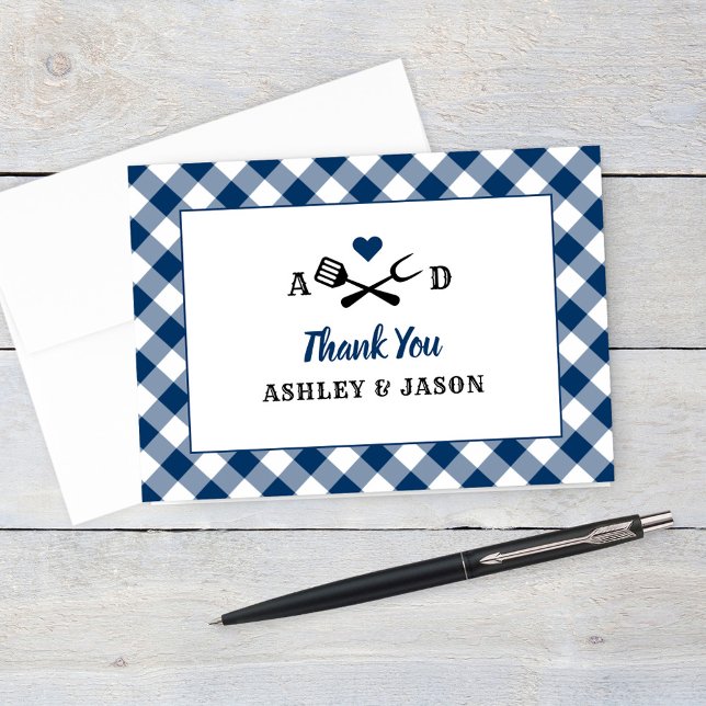 Rustic Navy Gingham Pläd BBQ Wedding Monogram Dankeskarte (Von Creator hochgeladen)