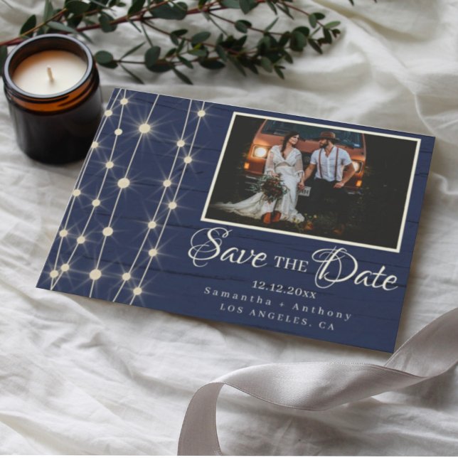 Rustic Navy String Lights Save the Date (Von Creator hochgeladen)
