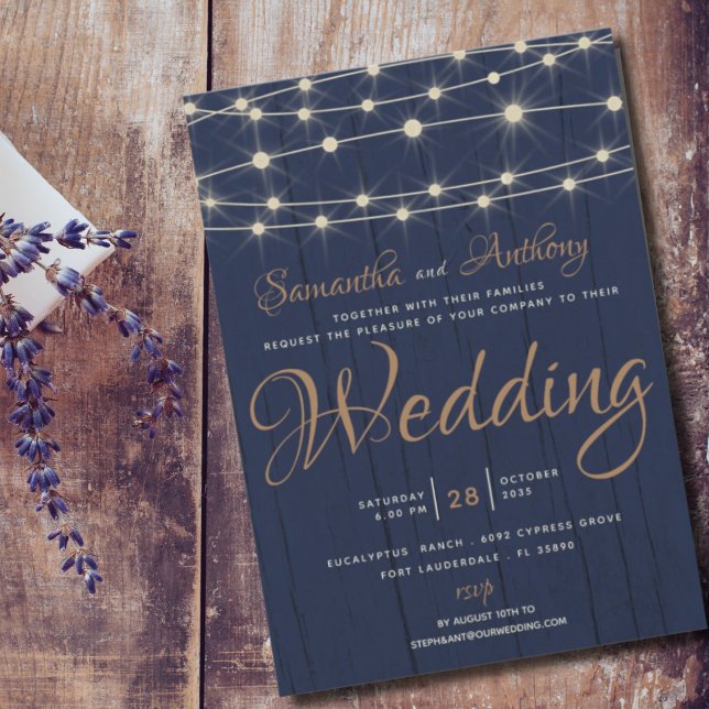 Rustic Navy String Lights Wedding Invitation Einladung (Von Creator hochgeladen)