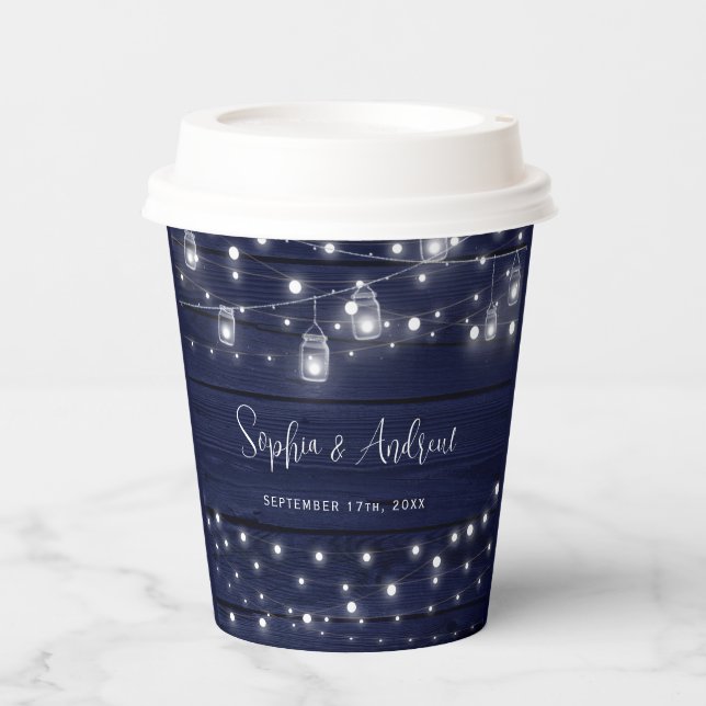 Rustic Navy Wood Mason Jars Lights Wedding Pappbecher (Vorderseite)