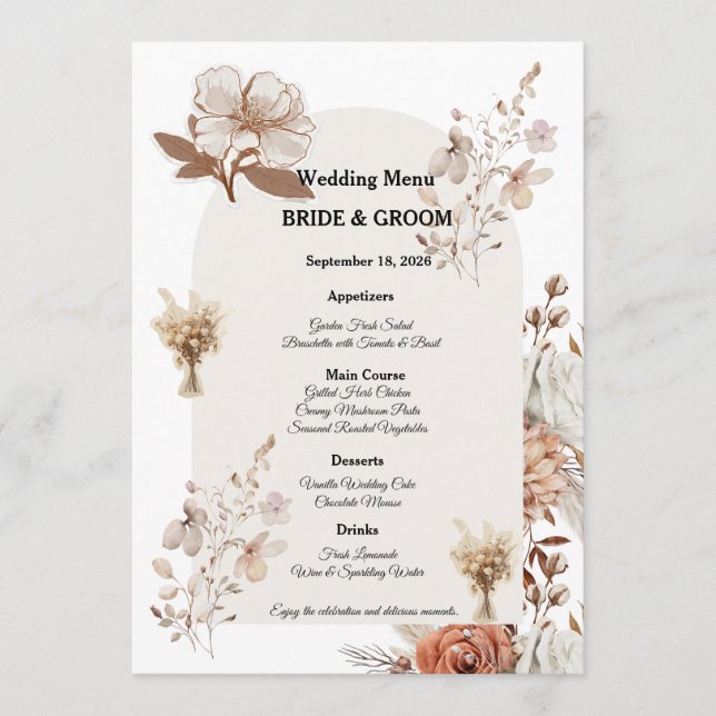 Rustic Neutral Wedding Menu Design Menükarte (Vorderseite)