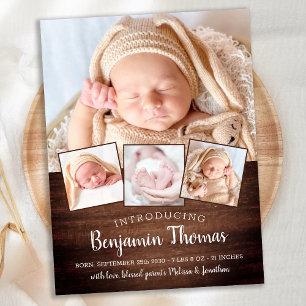 Rustic New Baby Custom 4 Foto Geburtsankündigung Postkarte