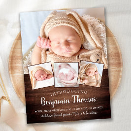 Rustic New Baby Personalisiert 4 Foto Collage Birt Ankündigungspostkarte