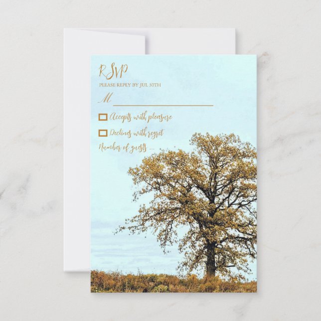 Rustic Oak Tree Autumn Wedding RSVP Karte (Vorderseite)