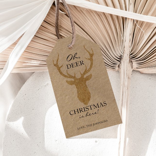 Rustic Oh Dee Weihnachten ist hier Imitate Glitzer Geschenkanhänger (Oh deer glitter deer head modern rustic Christmas gift tags.)