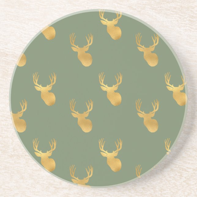 Rustic Olive Green Gold Deer Christmas Getränkeuntersetzer (Vorne)