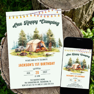 Rustic One Happy Camper 1. Geburtstag Party Einladung
