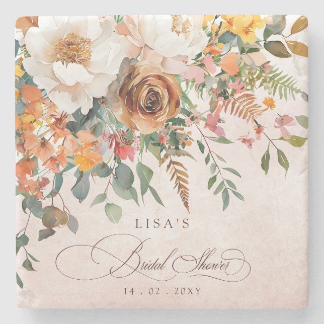 Rustic Orange Floral Fall Bridal Shower  Steinuntersetzer (Vorderseite)