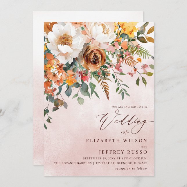 Rustic Orange Floral Fall Wedding Einladung (Vorne/Hinten)