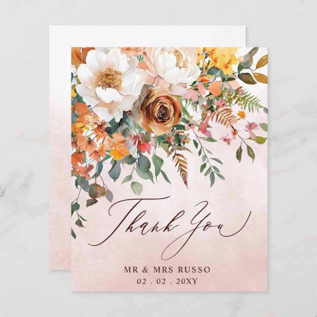 Rustic Orange Floral Fall Wedding Thank You Card (Vorne/Hinten)