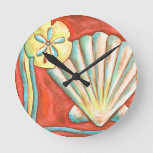 Rustic Orange Seashells Runde Wanduhr