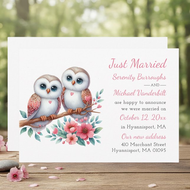 Rustic Owl Couple Boho Just Married Wedding Ankündigung (Von Creator hochgeladen)