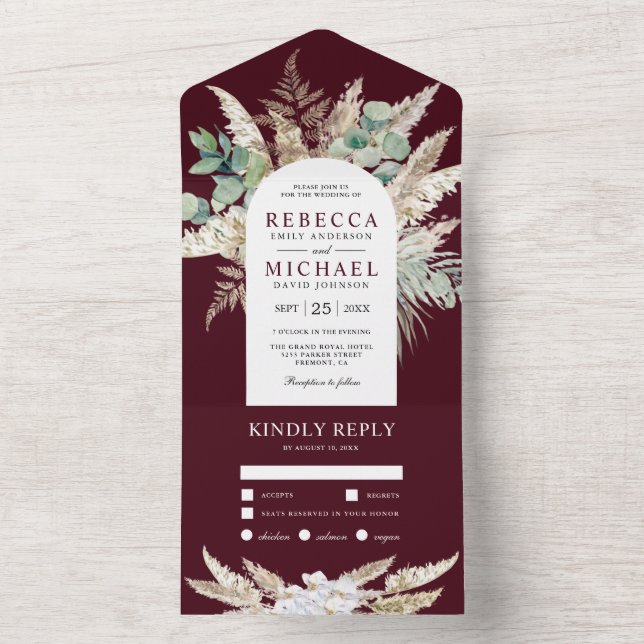 Rustic Pampas Eucalyptus Arch Burgundy Wedding All In One Einladung (Innen Boden)