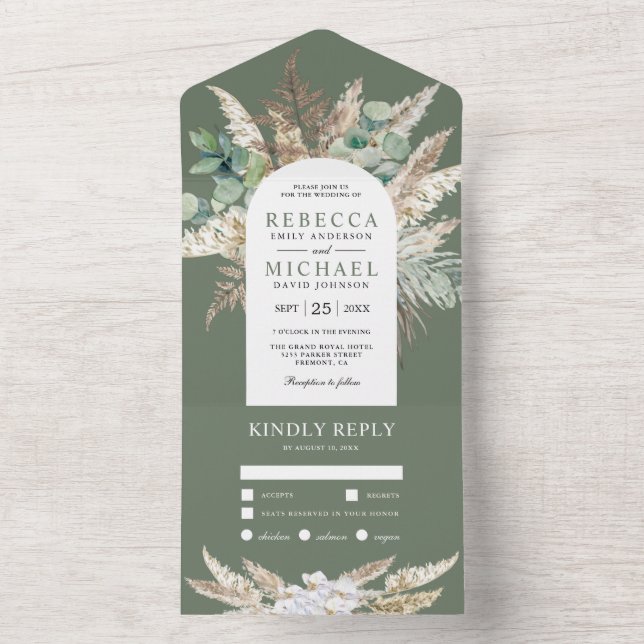 Rustic Pampas Eucalyptus Arch Sage Green Wedding All In One Einladung (Innen Boden)
