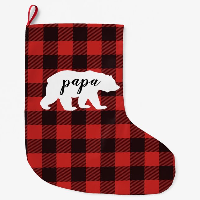 Rustic Papa Bear Red & Black Buffalo Kariert Großer Weihnachtsstrumpf (Vorderseite)