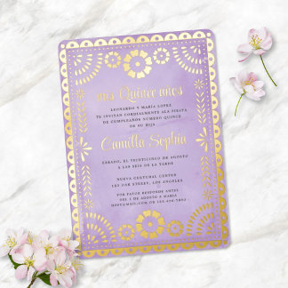 Rustic Papel Picado Purple Gold Quinceañera  Folieneinladung