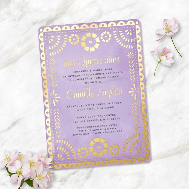 Rustic Papel Picado Purple Gold Quinceañera  Folieneinladung (Von Creator hochgeladen)