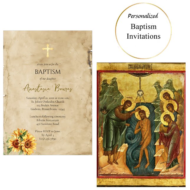Rustic Parchment Sunflowers Orthodox Baptism       Einladung (Von Creator hochgeladen)