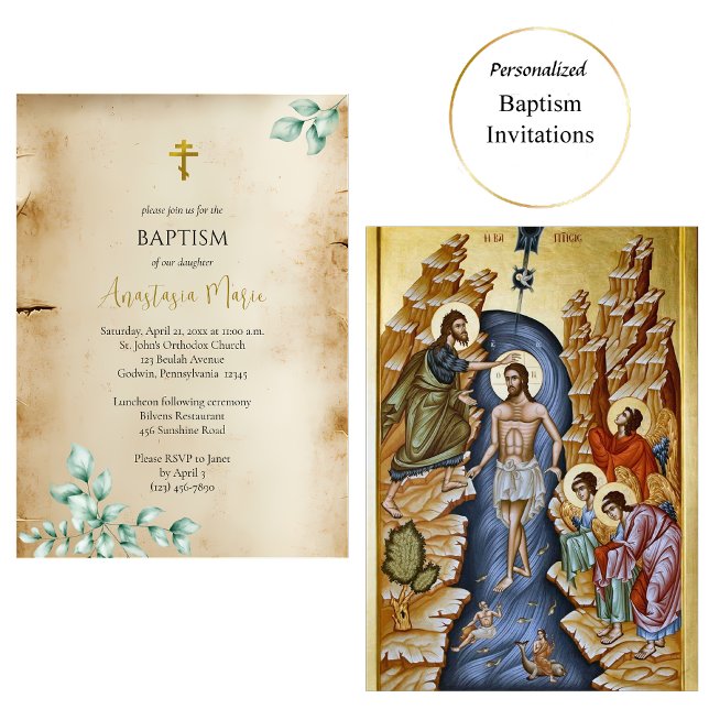 Rustic Parchment with Eucalyptus Orthodox Baptism Einladung (Von Creator hochgeladen)