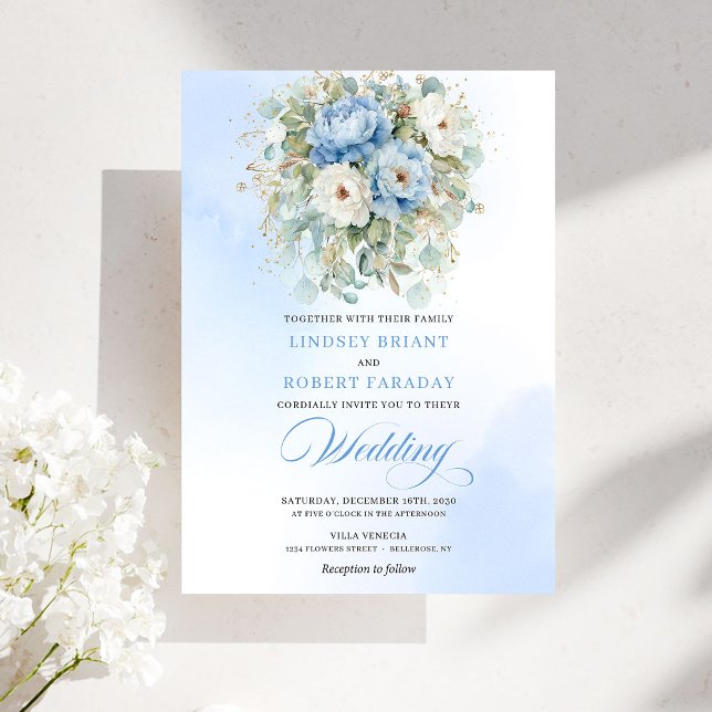 Rustic Pastel Blue White Peony Eucalyptus Gold Wed Einladung (Rustic Pastel Blue White Peony Eucalyptus Gold Wedding)
