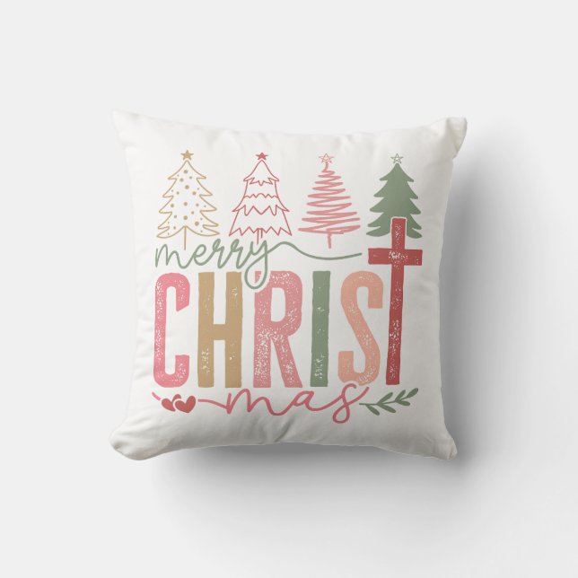 Rustic Pastel Merry Christ mas Tree Kissen (Vorderseite)