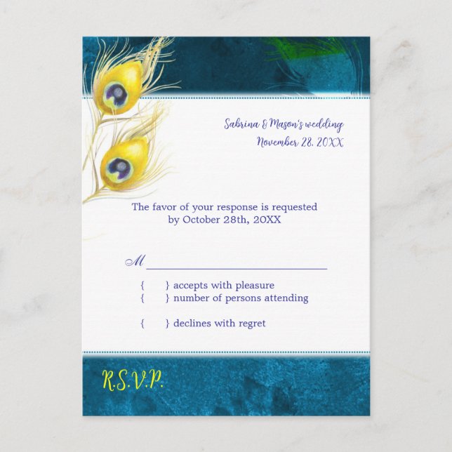 Rustic Peacock Blue Wedding RSVP Einladungspostkarte (Vorderseite)