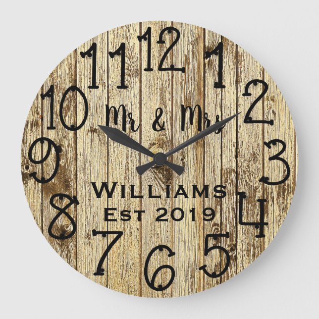 Rustic Personalized Brown Wood Custom Große Wanduhr (Vorderseite)