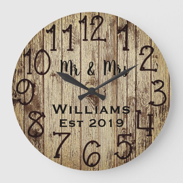 Rustic Personalized Brown Wood Custom Große Wanduhr (Vorderseite)
