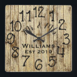 Rustic Personalized Brown Wood Custom Quadratische Wanduhr<br><div class="desc">Beautiful, einzigartig, one-of-a-kind personalized design feature a-rustic brown wood with black personalization his and her names in a script machen overlay design and the last name and year establishd in a bold script with a printed wood background. Personalize this clock by adding your personal information. Makes a great wedding, anniversary,...</div>