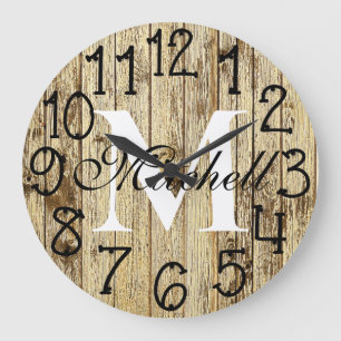 Rustic Personalized Monogram Wood Anniversary Große Wanduhr