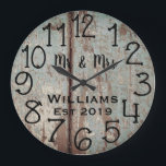 Rustic Personalized Teal Distressed Wood Custom Große Wanduhr<br><div class="desc">Beautiful, unique, one-of-a-kind personalized design features a black personalized his and her names in a script font overlay design and the last name and year established in a bold script with a blue distressed wood background. Personalize this clock by adding your personal information. Makes a great wedding, anniversary, or housewarming...</div>