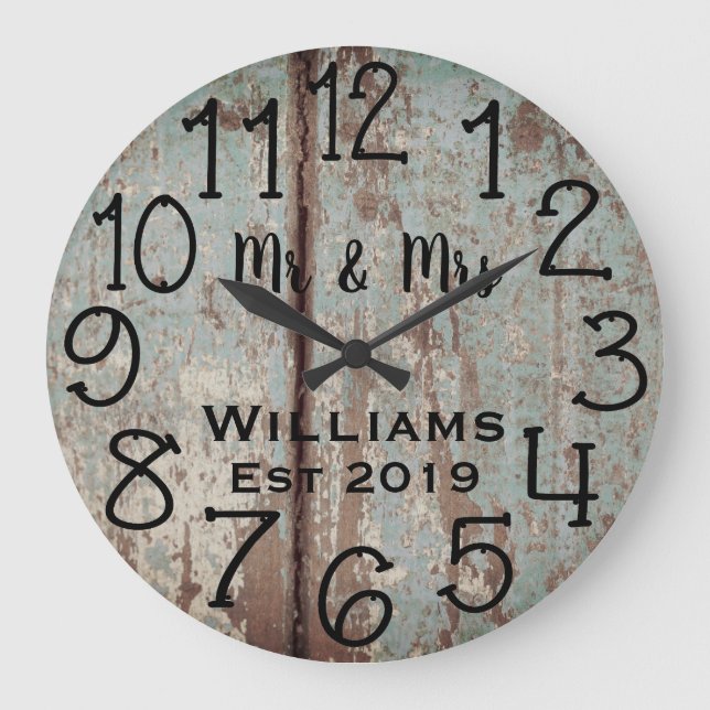 Rustic Personalized Teal Distressed Wood Custom Große Wanduhr (Vorderseite)