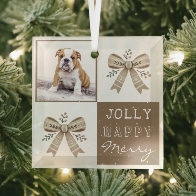 Rustic Photo Bow Jolly Happy Merry Christmas  Ornament Aus Glas (Insitu)