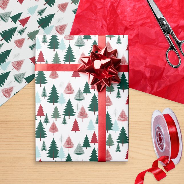 Rustic Pine Forest Scandi Christmas Trees Pattern Geschenkpapier (Christmas gift wrapping paper, patterned with red, green and mint pine trees on a white background)