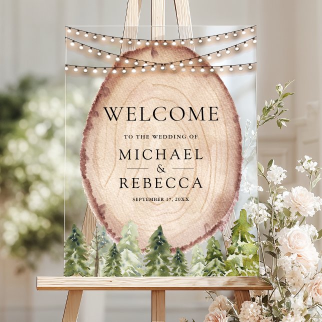 Rustic Pine Forest Wood Slice Wedding Welcome Acrylschild (Von Creator hochgeladen)