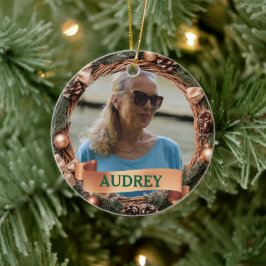 Rustic Pinecone Wreath ANY Photo Keramik Ornament