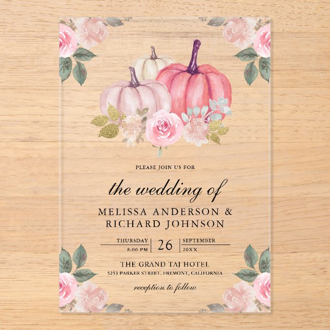 Rustic Pink and Gold Pumpkin Floral Wedding Acryleinladungen (Vorderseite)