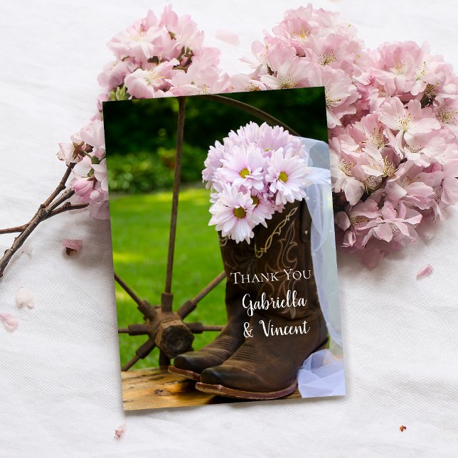 Rustic Pink Daisies Cowboy Boots Wedding Vielen Da Mitteilungskarte (Von Creator hochgeladen)