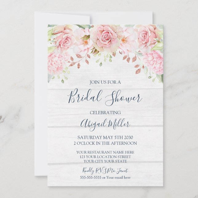 Rustic Pink Floral Spring Bridal Shower Einladung (Vorderseite)
