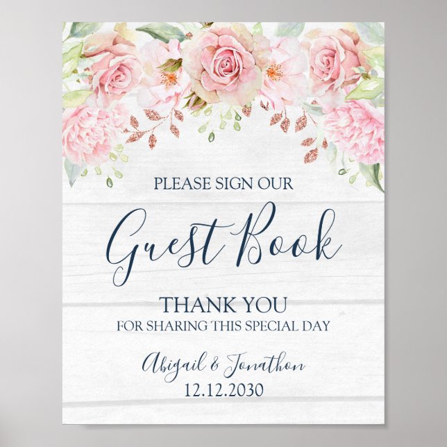Rustic Pink Floral Spring Wedding Guest Book Sign Poster (Vorne)