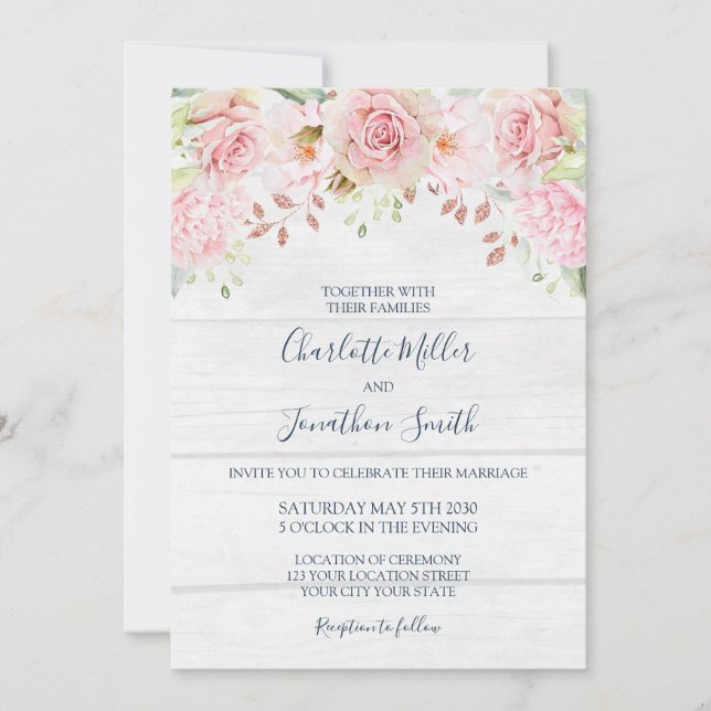 Rustic Pink Floral Spring Wedding Invitations Einladung (Vorderseite)