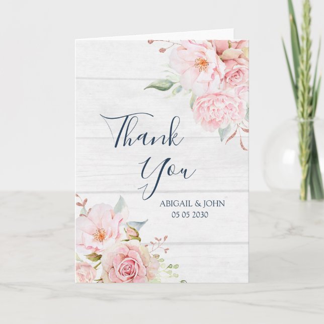 Rustic Pink Floral Spring Wedding Thank You Card Dankeskarte (Vorderseite)