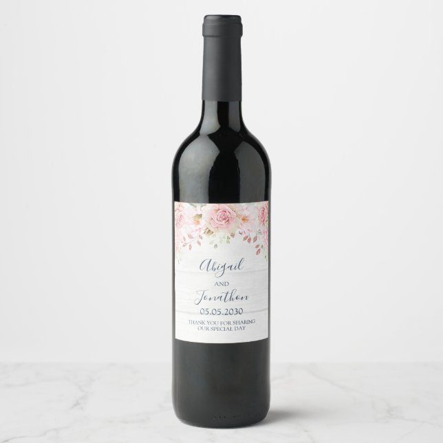 Rustic Pink Floral Spring Wedding Wine Label Weinetikett (Vorderseite)